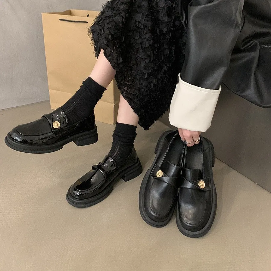 2025  British style small leather shoes high sense small fragrant style gold coin plush shoes thick heel single shoes platform loafers women's winter