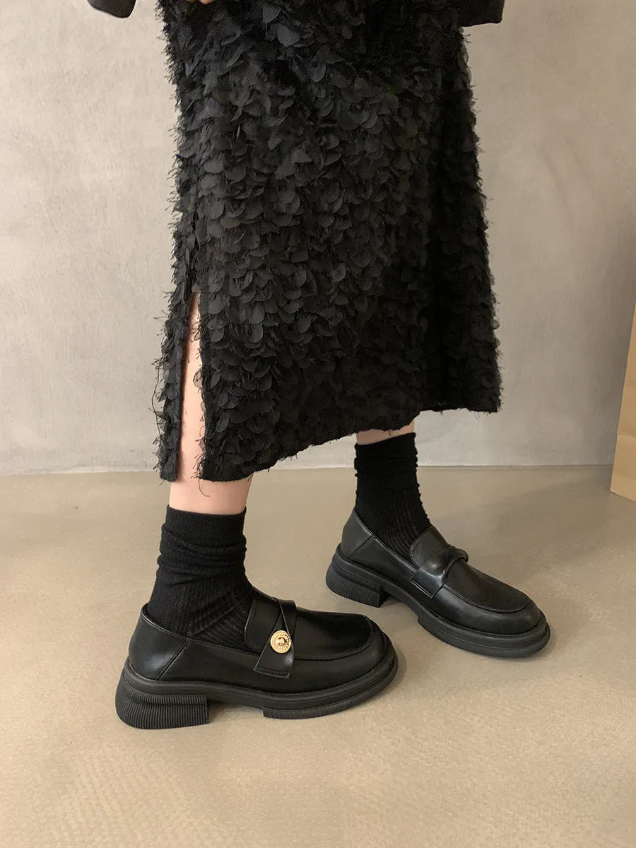2025  British style small leather shoes high sense small fragrant style gold coin plush shoes thick heel single shoes platform loafers women's winter