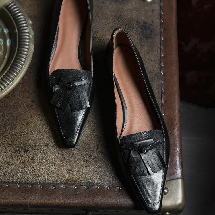 Black Fringe Leather Loafers #001022C