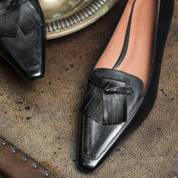 Black Fringe Leather Loafers #001022C
