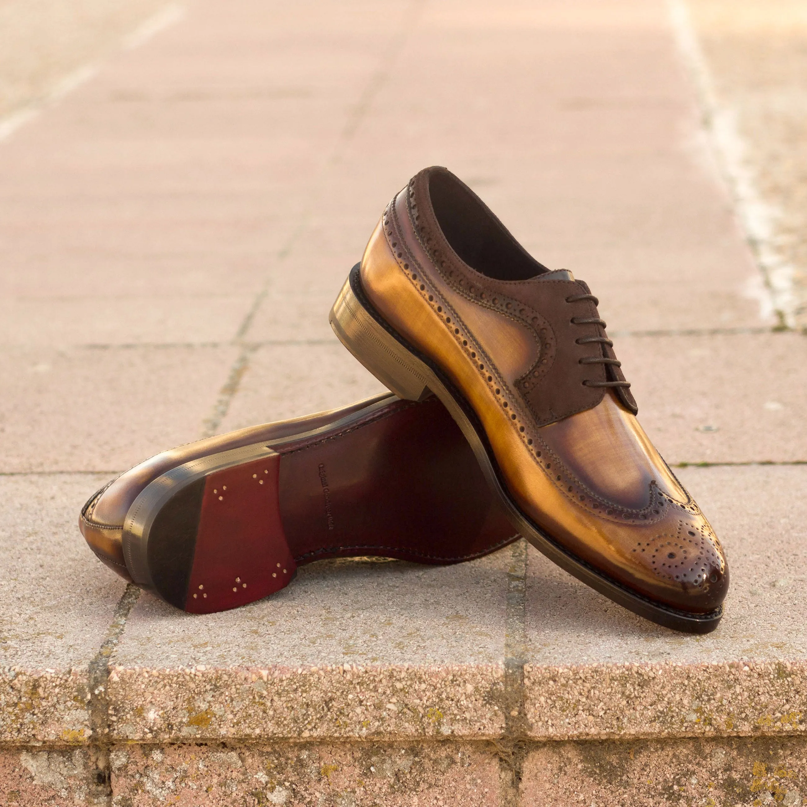 DapperFam Zephyr in Brown / Cognac Men's Italian Suede & Hand-Painted Patina Longwing Blucher