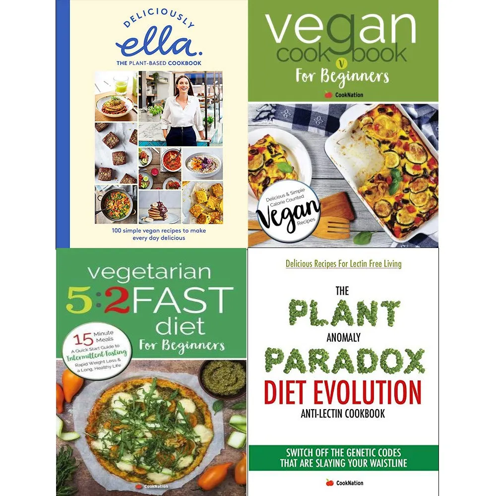 Deliciously ella the plant based cookbook, vegan cookbook for beginners, vegetarian 5 2 fast diet and anomaly paradox 4 books collection set