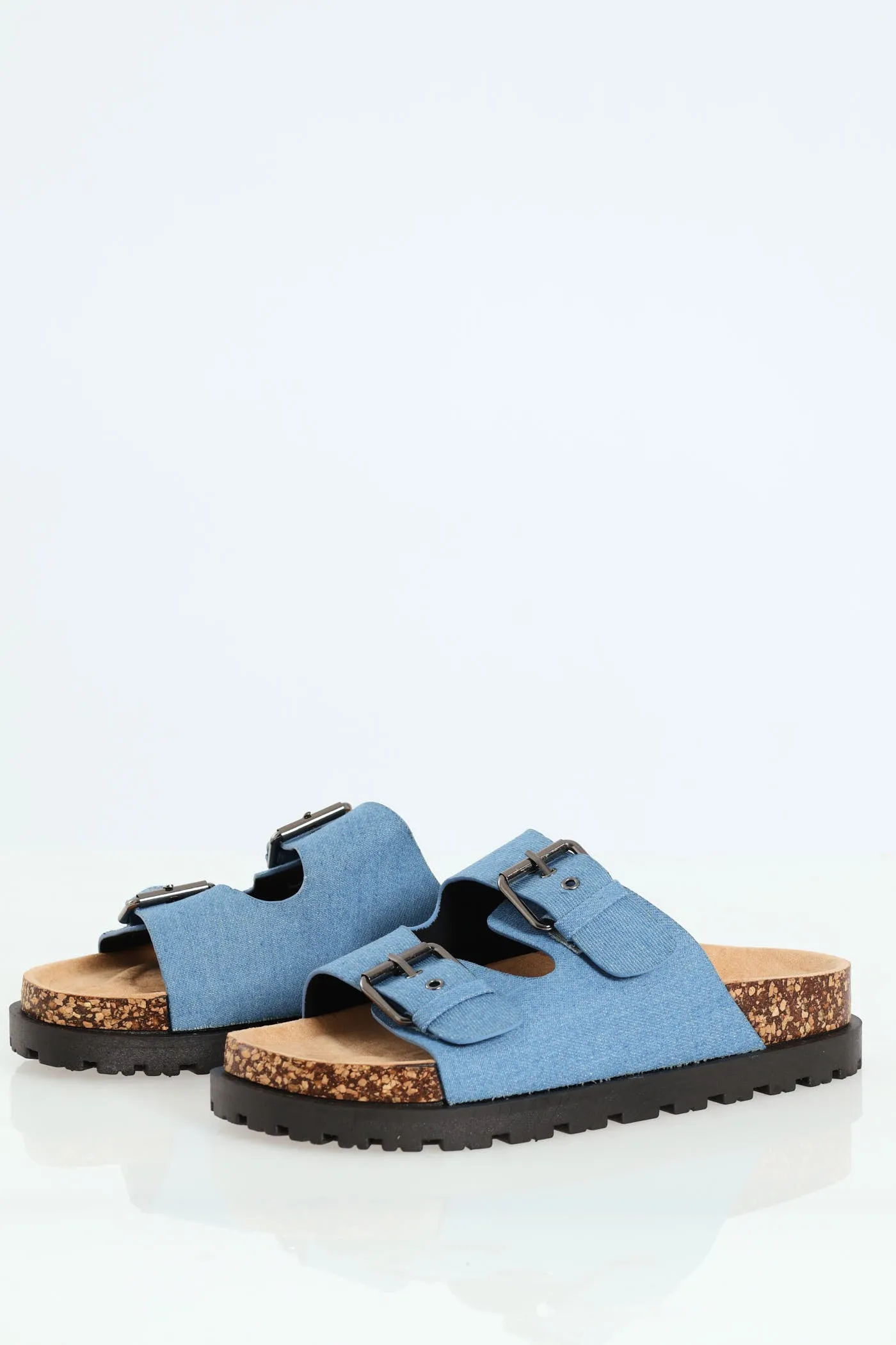 Double Buckle Slide On Flatform Rubber - Denim