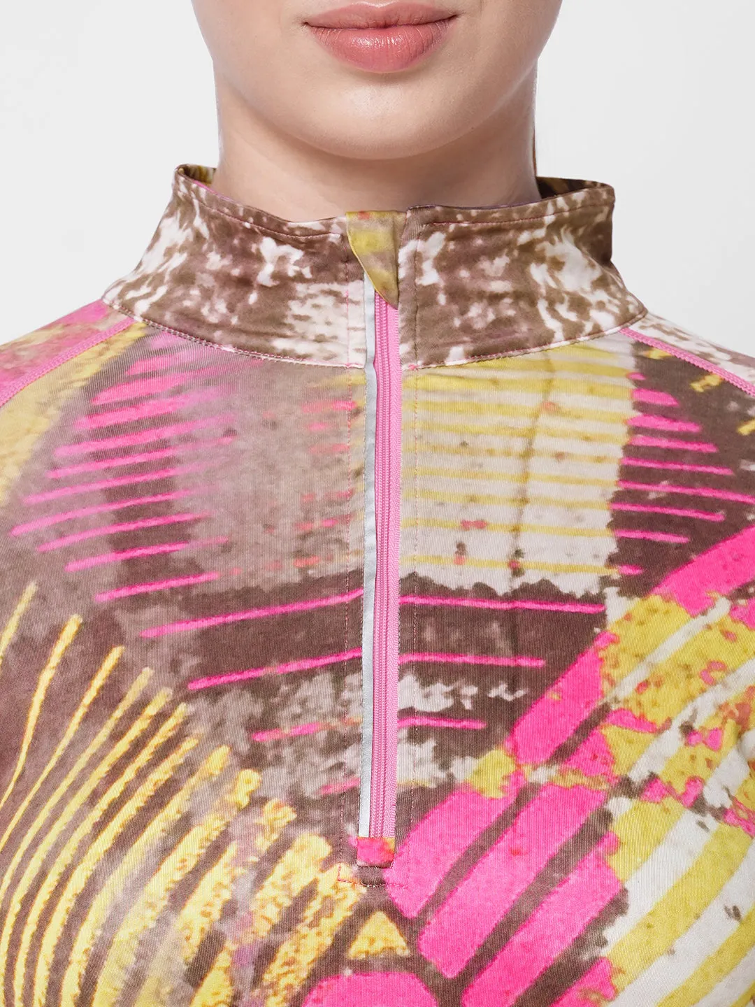 Fitkin women printed front zipper high neck tshirt