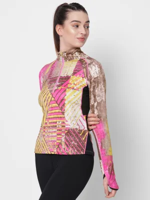 Fitkin women printed front zipper high neck tshirt