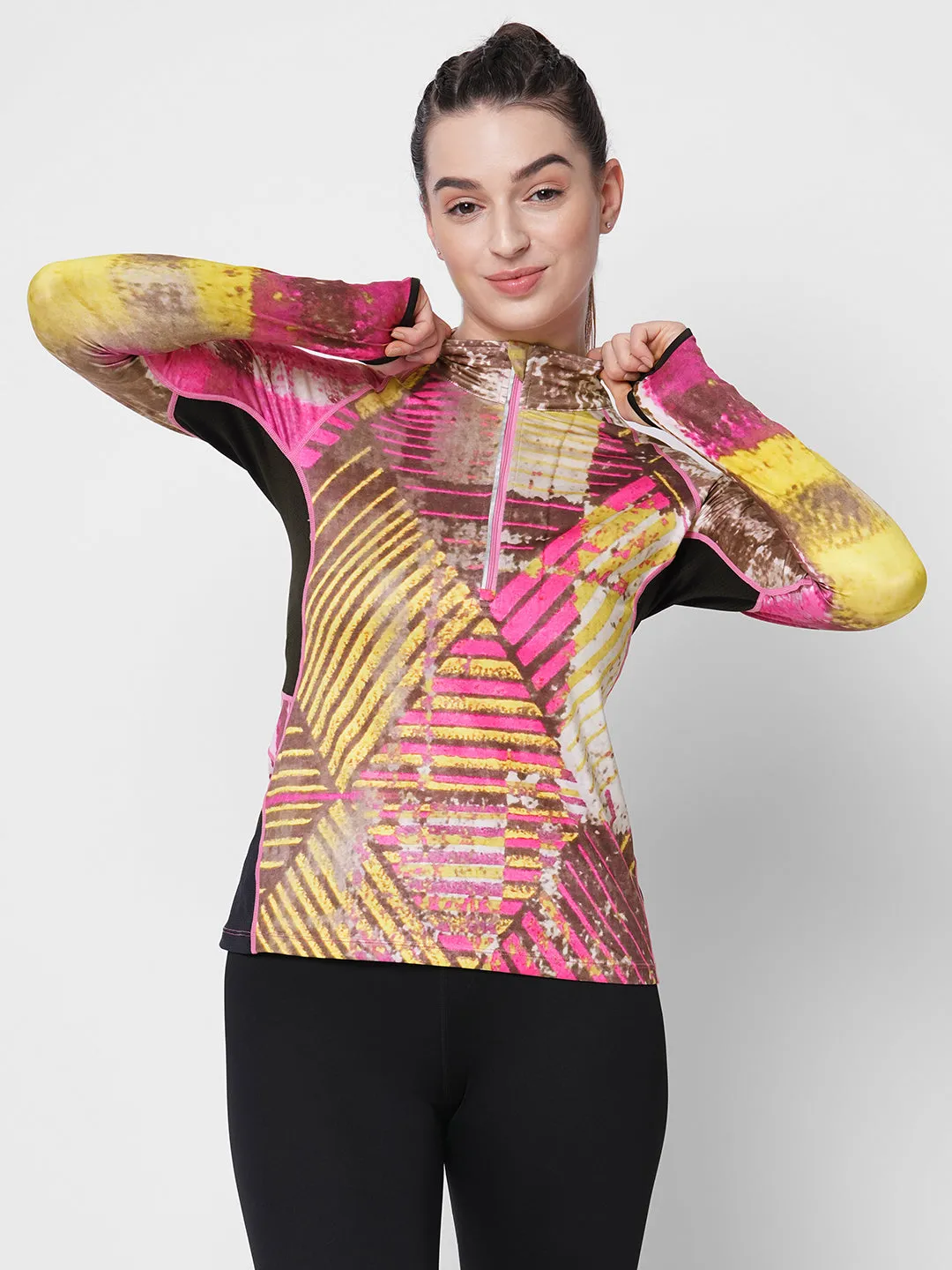 Fitkin women printed front zipper high neck tshirt