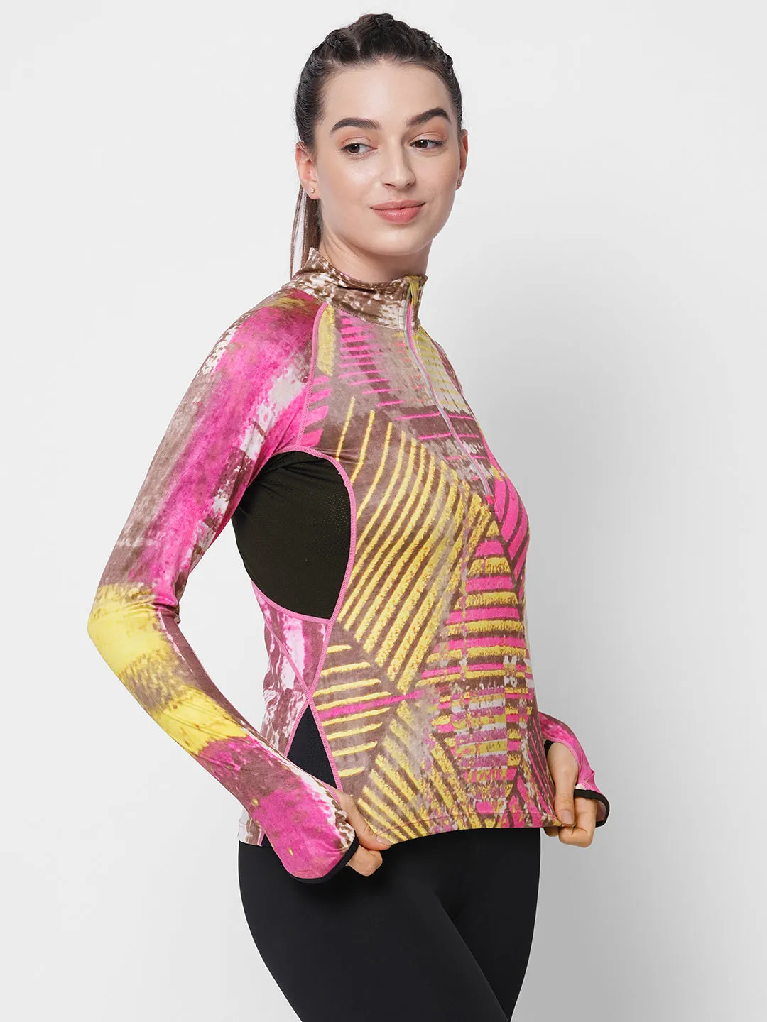 Fitkin women printed front zipper high neck tshirt