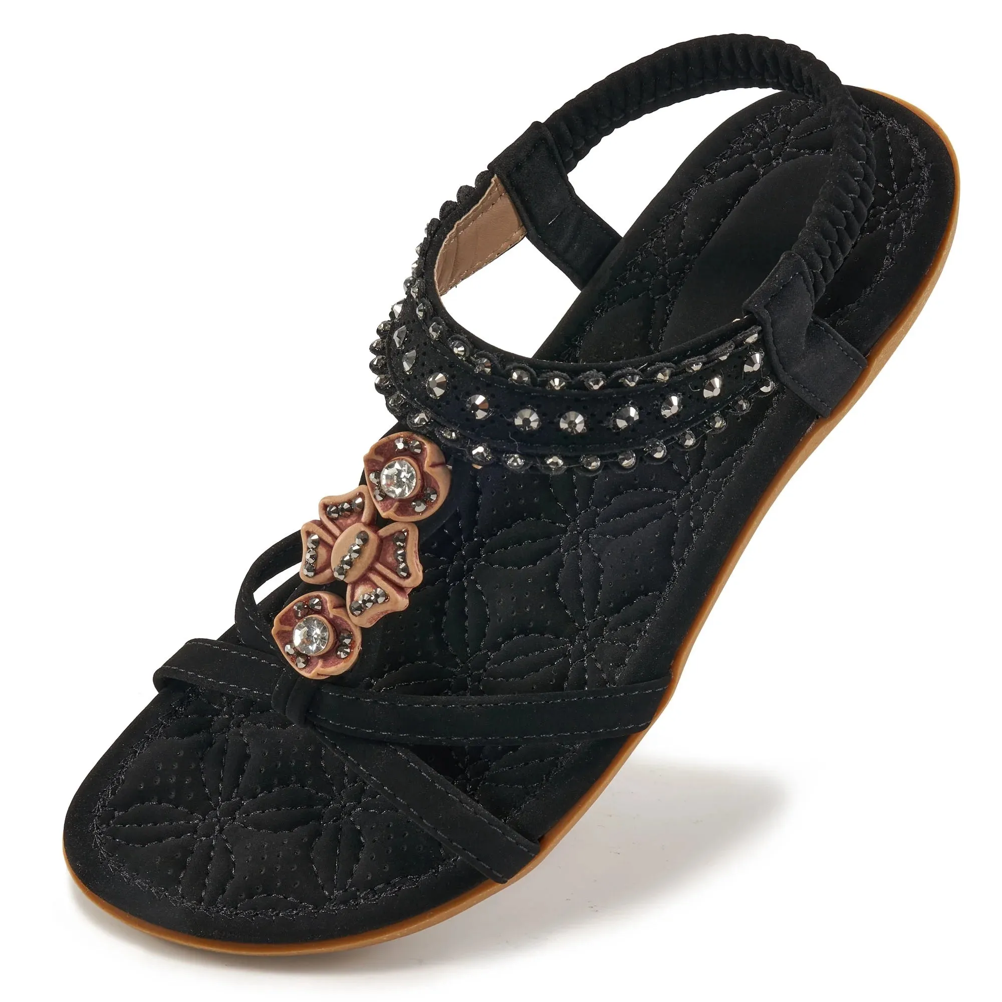 HARENC Women Sandals Flats Sandals for Women Comfortable Elastic Ankle Strap Beach Shoes