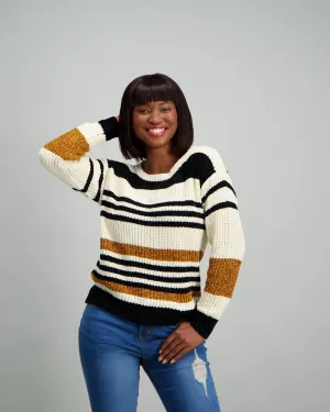 Ladies Variegated Stripe Chenille Pullover - Natural