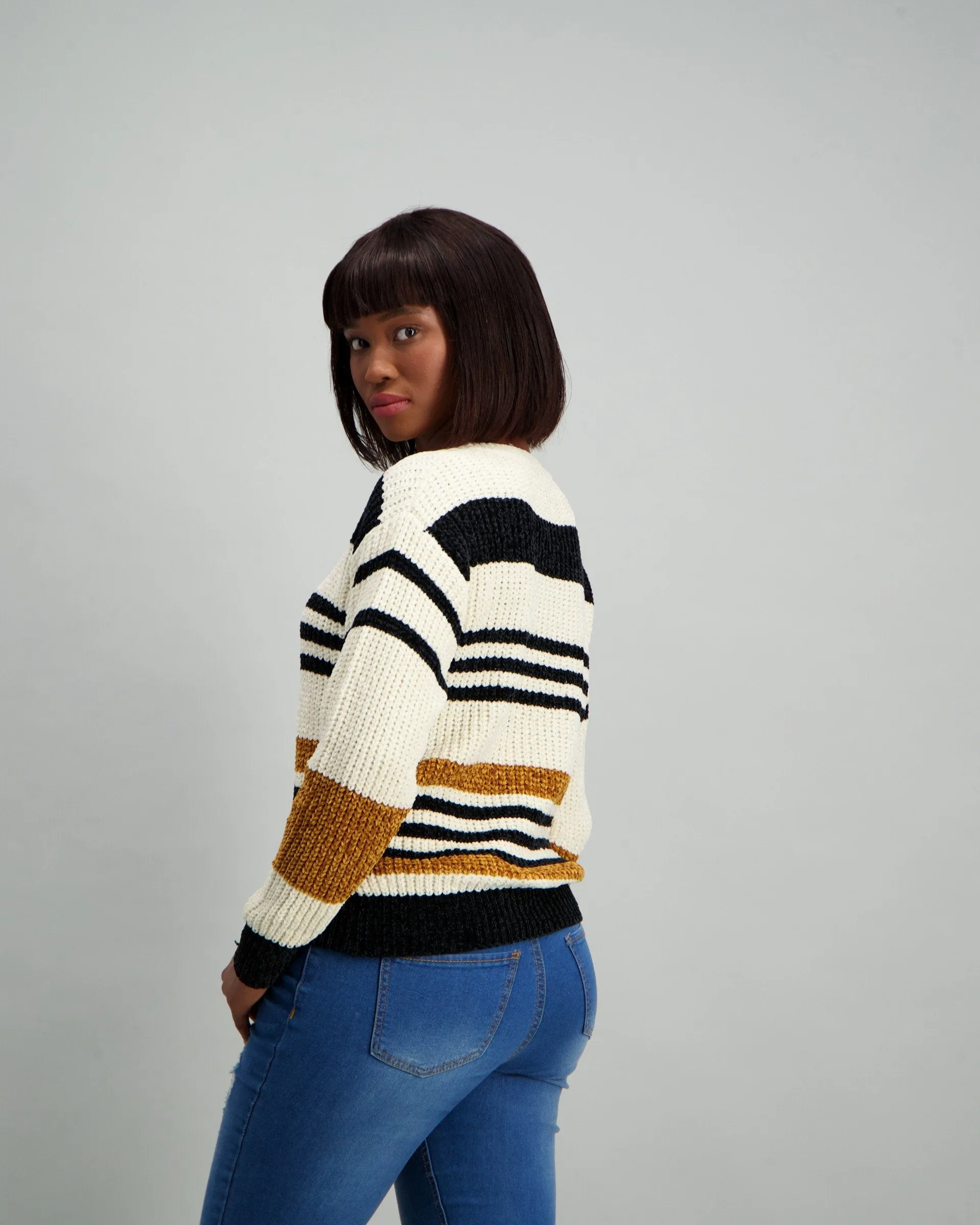 Ladies Variegated Stripe Chenille Pullover - Natural