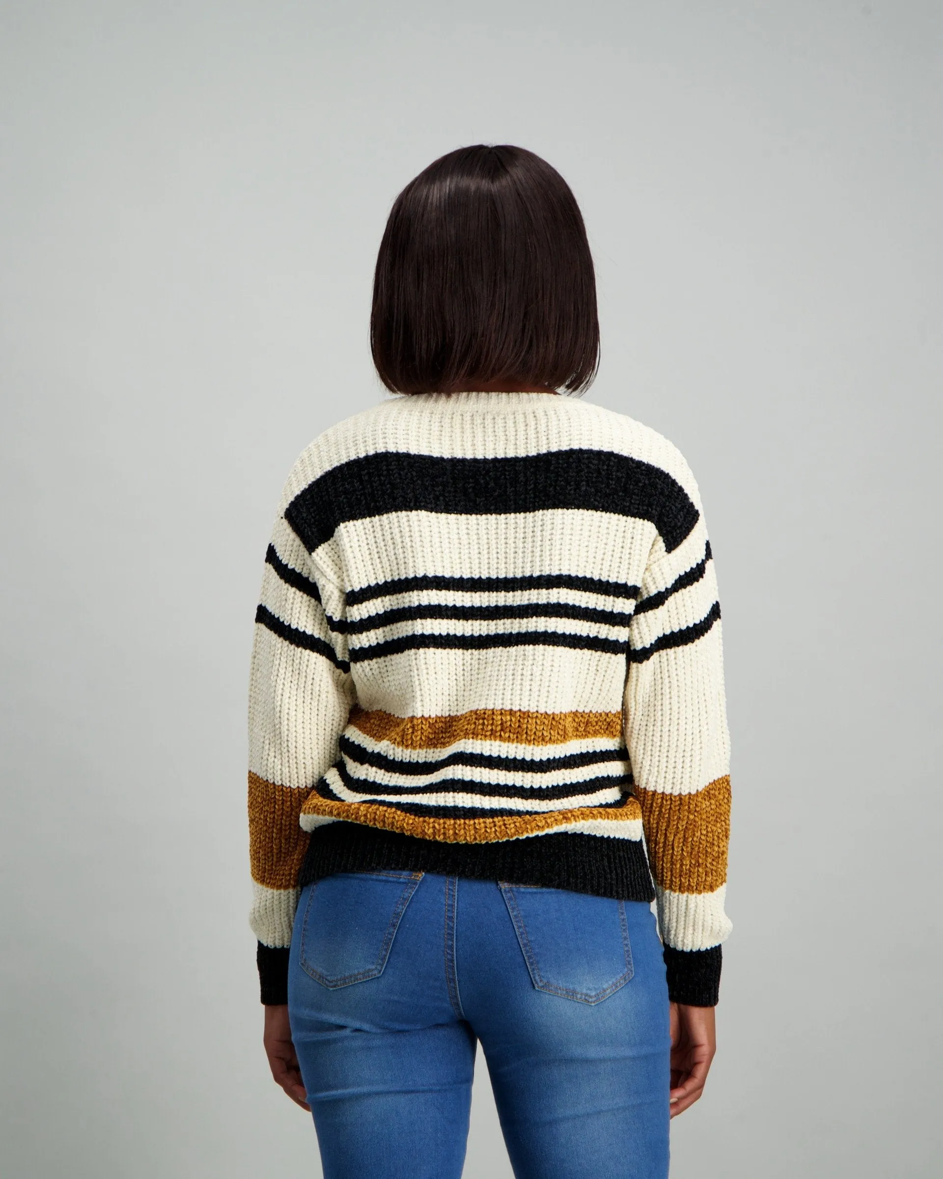 Ladies Variegated Stripe Chenille Pullover - Natural