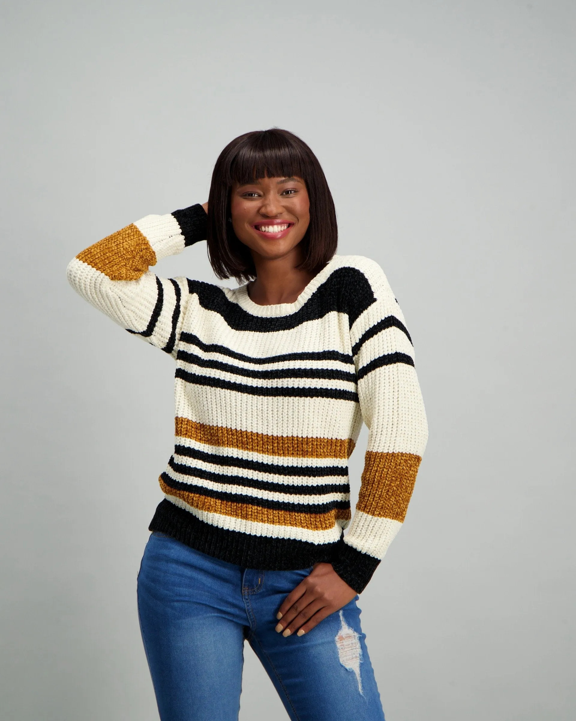 Ladies Variegated Stripe Chenille Pullover - Natural