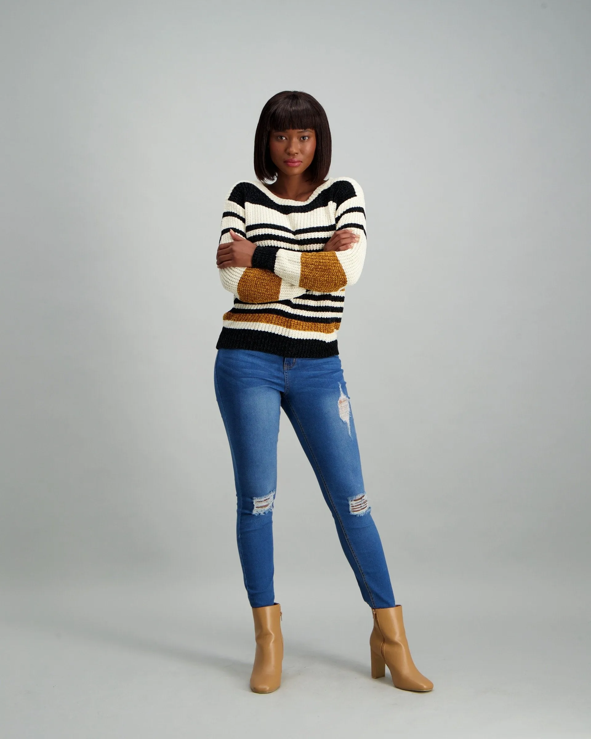 Ladies Variegated Stripe Chenille Pullover - Natural
