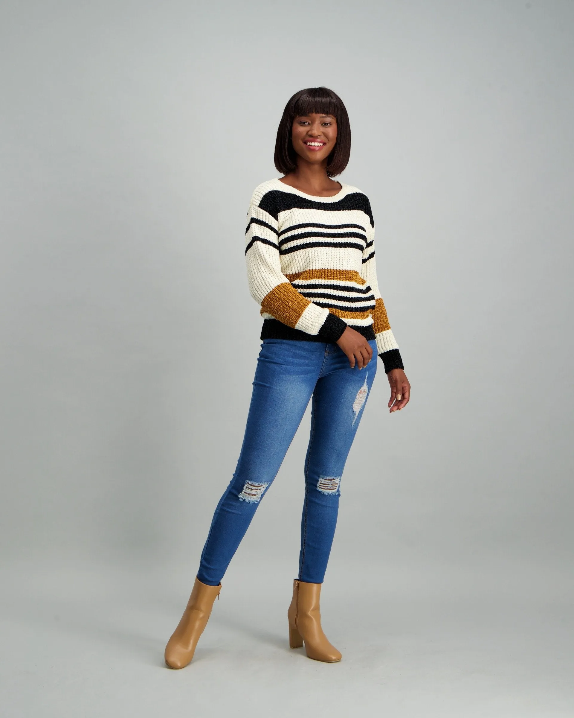 Ladies Variegated Stripe Chenille Pullover - Natural