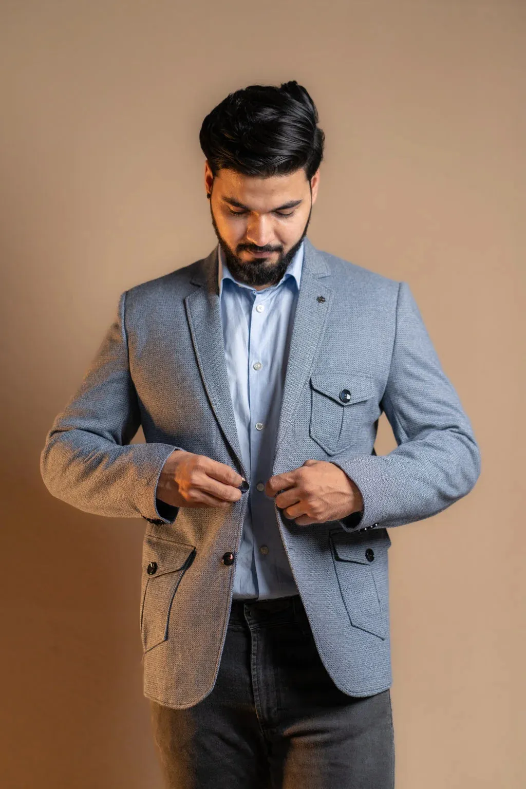 Light Blue Blazer with Multiple Pockets