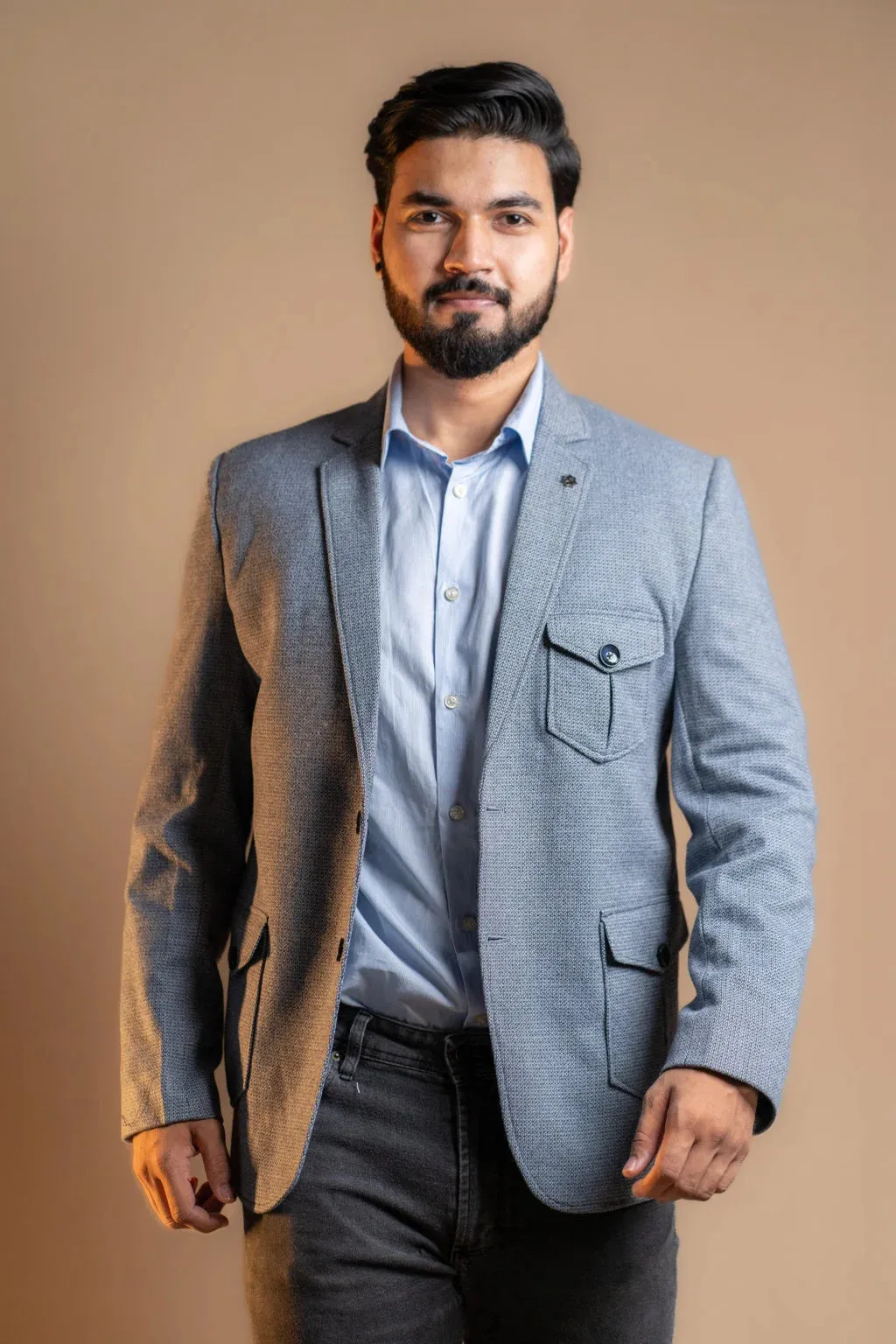 Light Blue Blazer with Multiple Pockets