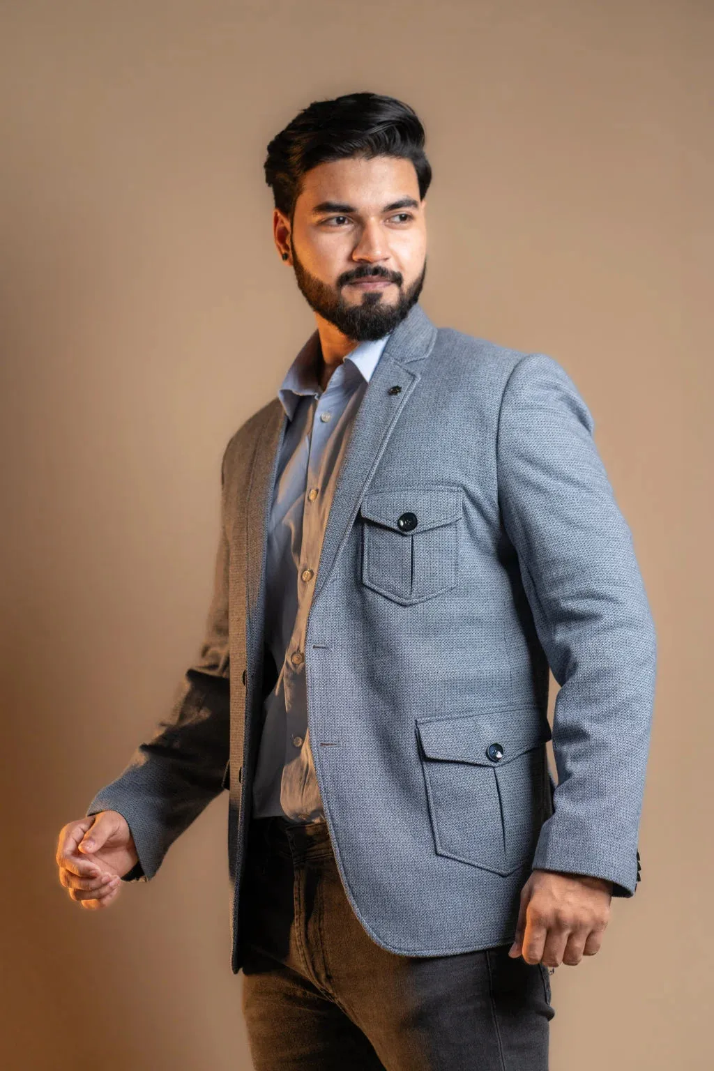 Light Blue Blazer with Multiple Pockets