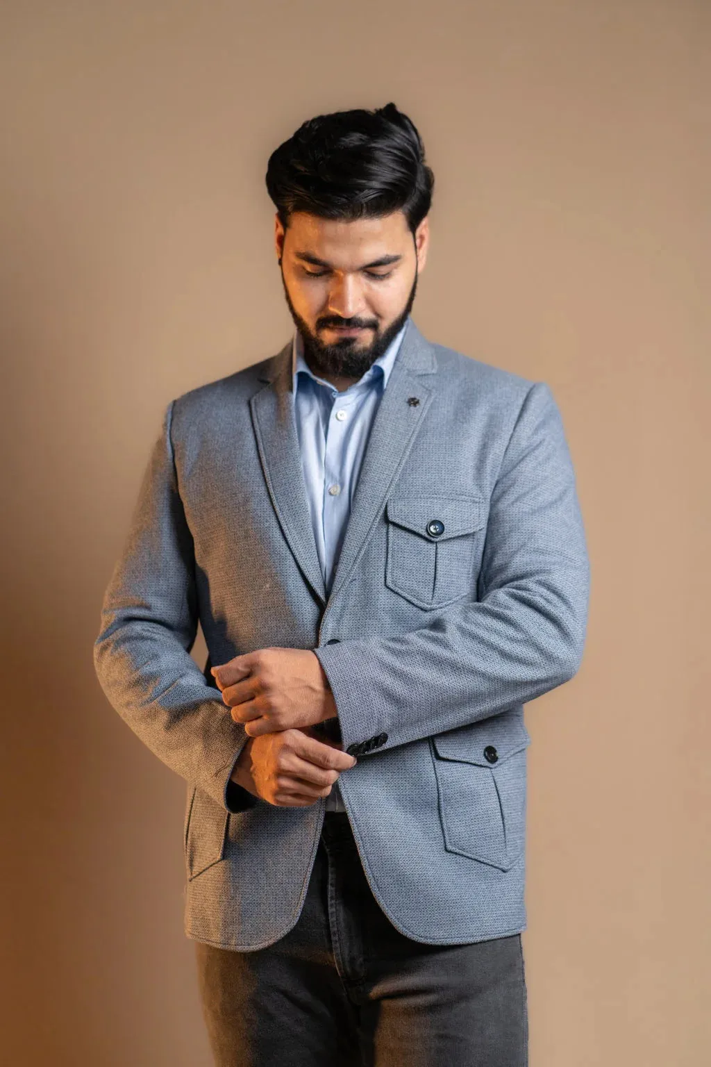 Light Blue Blazer with Multiple Pockets