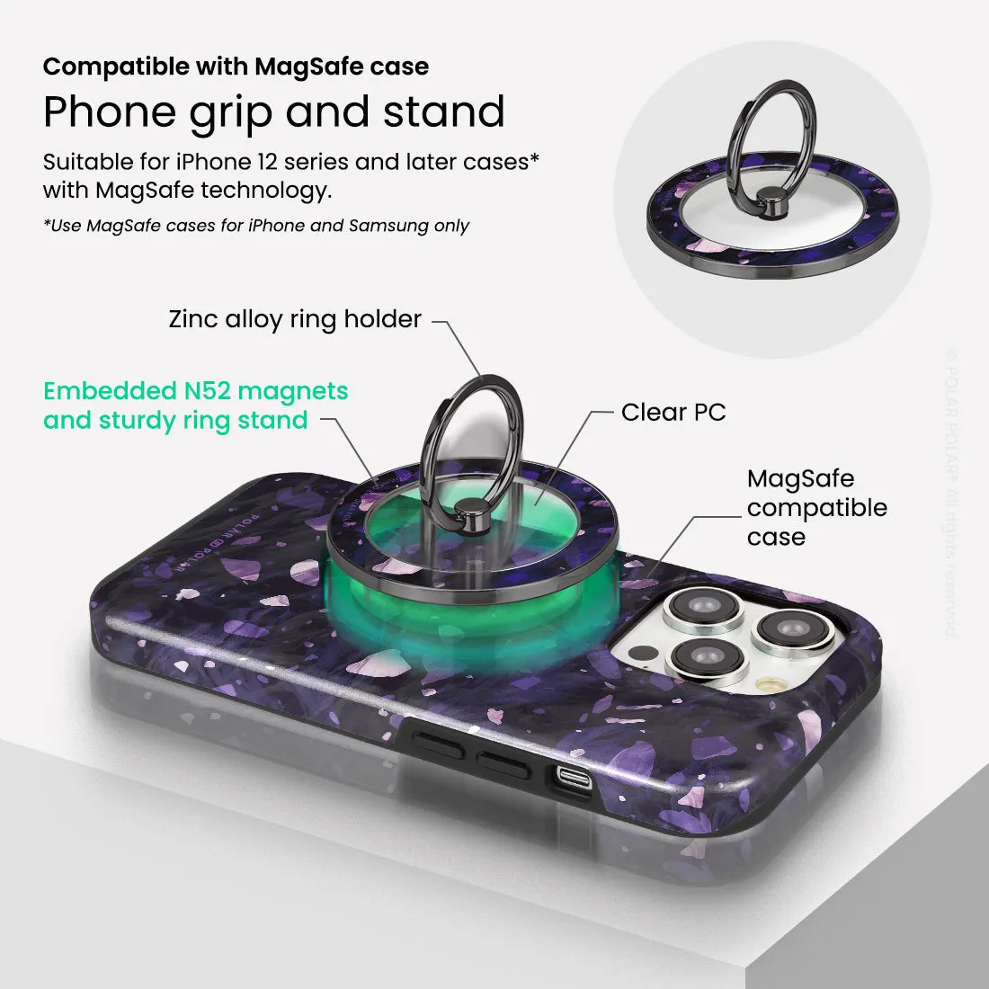 Lilac Terrazzo Gem - Black MagSafe Phone Grip and Ring Holder Stand
