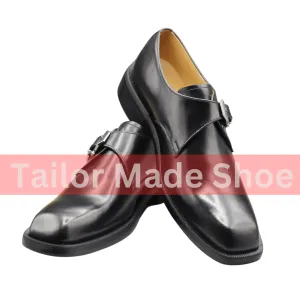 Men's Black Leather Single Buckle Dress Shoes – Premium Handmade Footwear Handcrafted Black Formal Shoes – Stylish Buckle Strap for Men