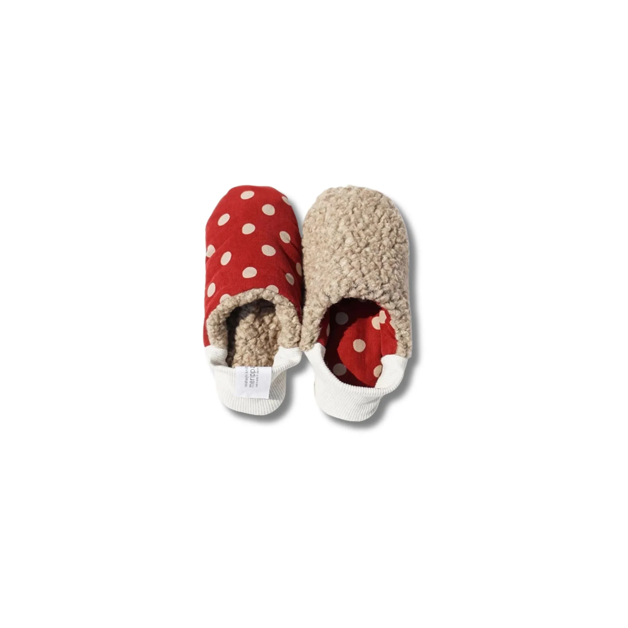 Merippa Slippers FW | Red & Tan Corduroy Polka Dots × Woolly Boa