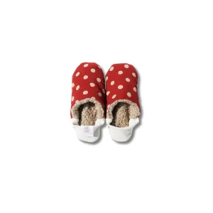 Merippa Slippers FW | Red & Tan Corduroy Polka Dots × Woolly Boa