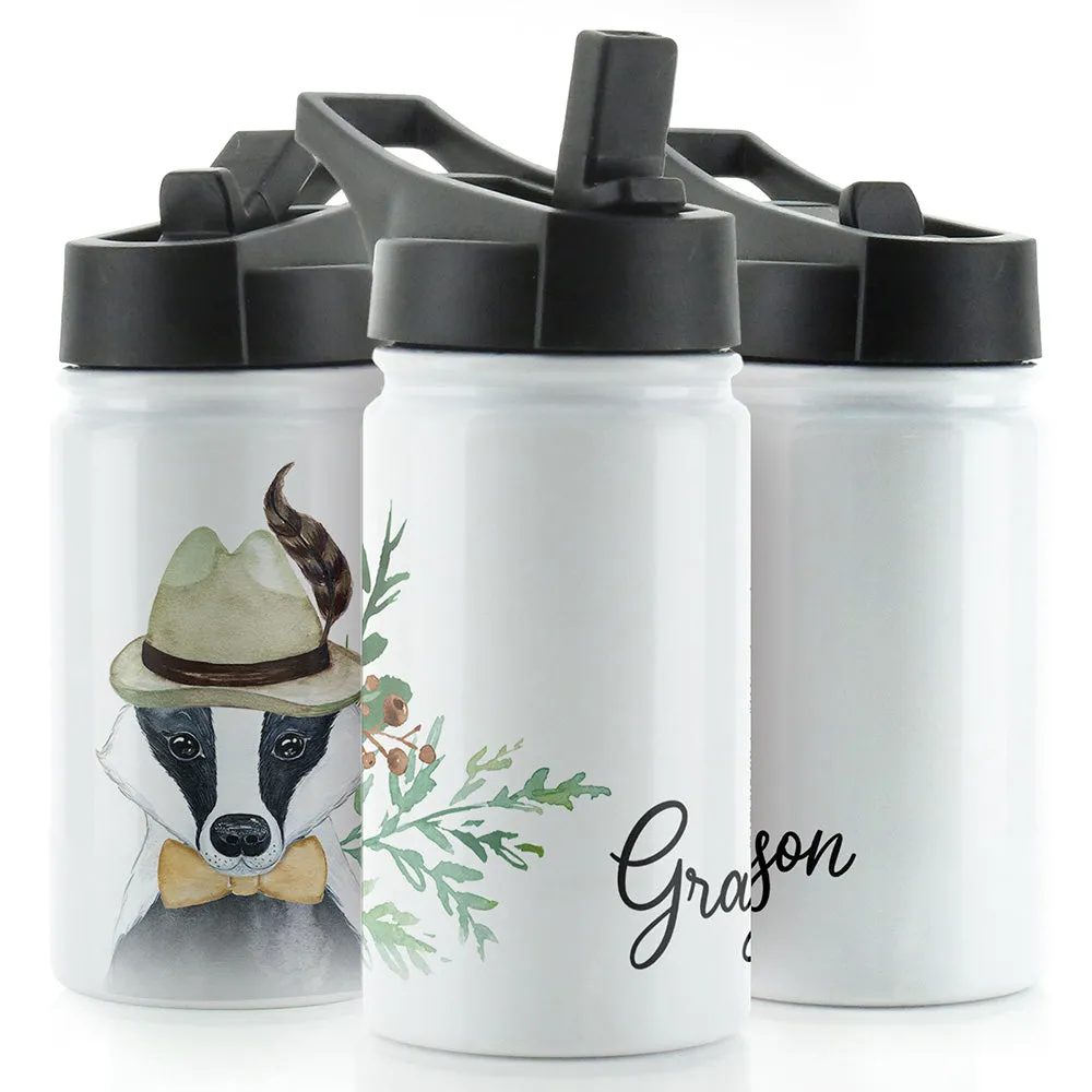 Personalised Badger Feather Hat and Name White Sports Flask
