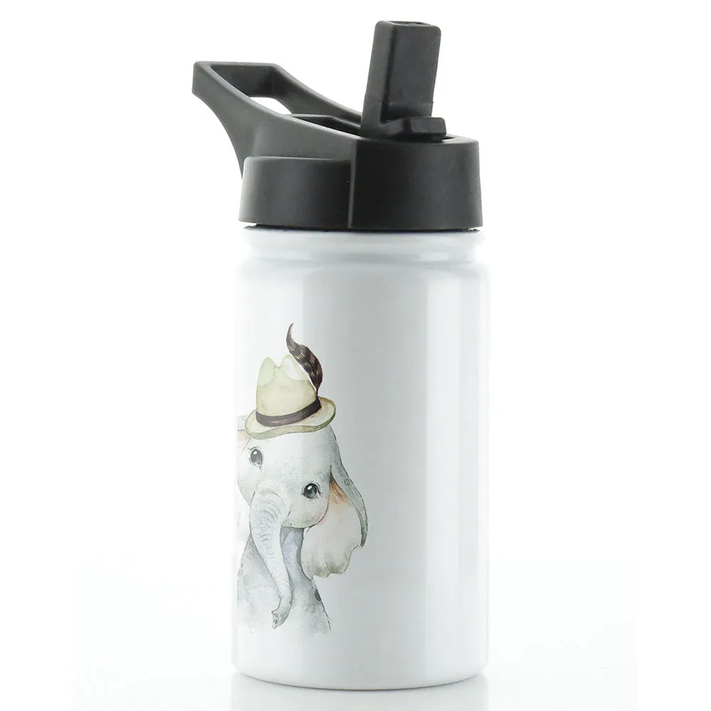 Personalised Elephant Feather Hat and Name White Sports Flask