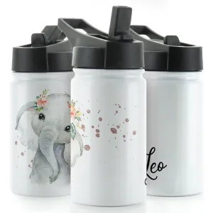 Personalised Elephant Rain Drop and Name White Sports Flask