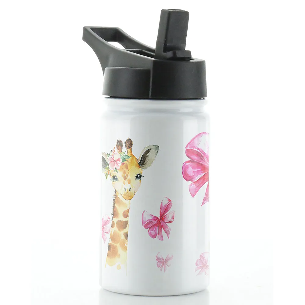 Personalised Giraffe Pink Bows and Name White Sports Flask