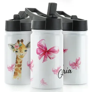 Personalised Giraffe Pink Bows and Name White Sports Flask