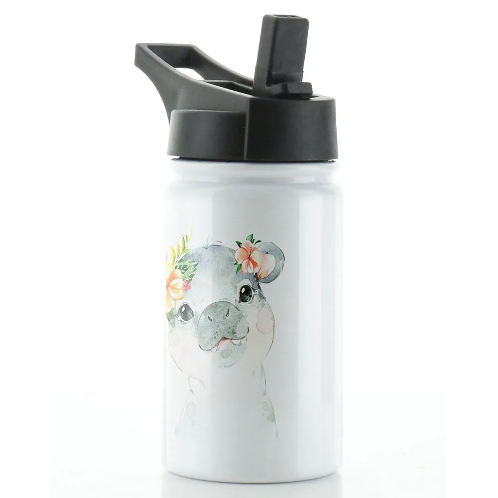 Personalised Hippo Peach Flowers and Name White Sports Flask