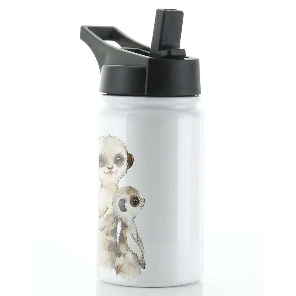 Personalised Meerkat Baby & Adult and Name White Sports Flask