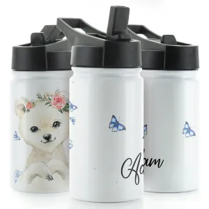 Personalised Polar Bear Butterfly and Name White Sports Flask