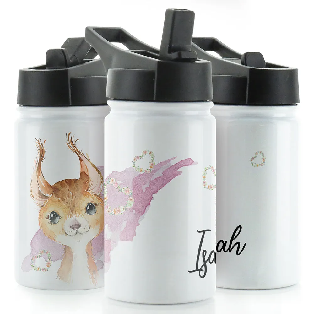 Personalised Red squirrel Heart and Name White Sports Flask