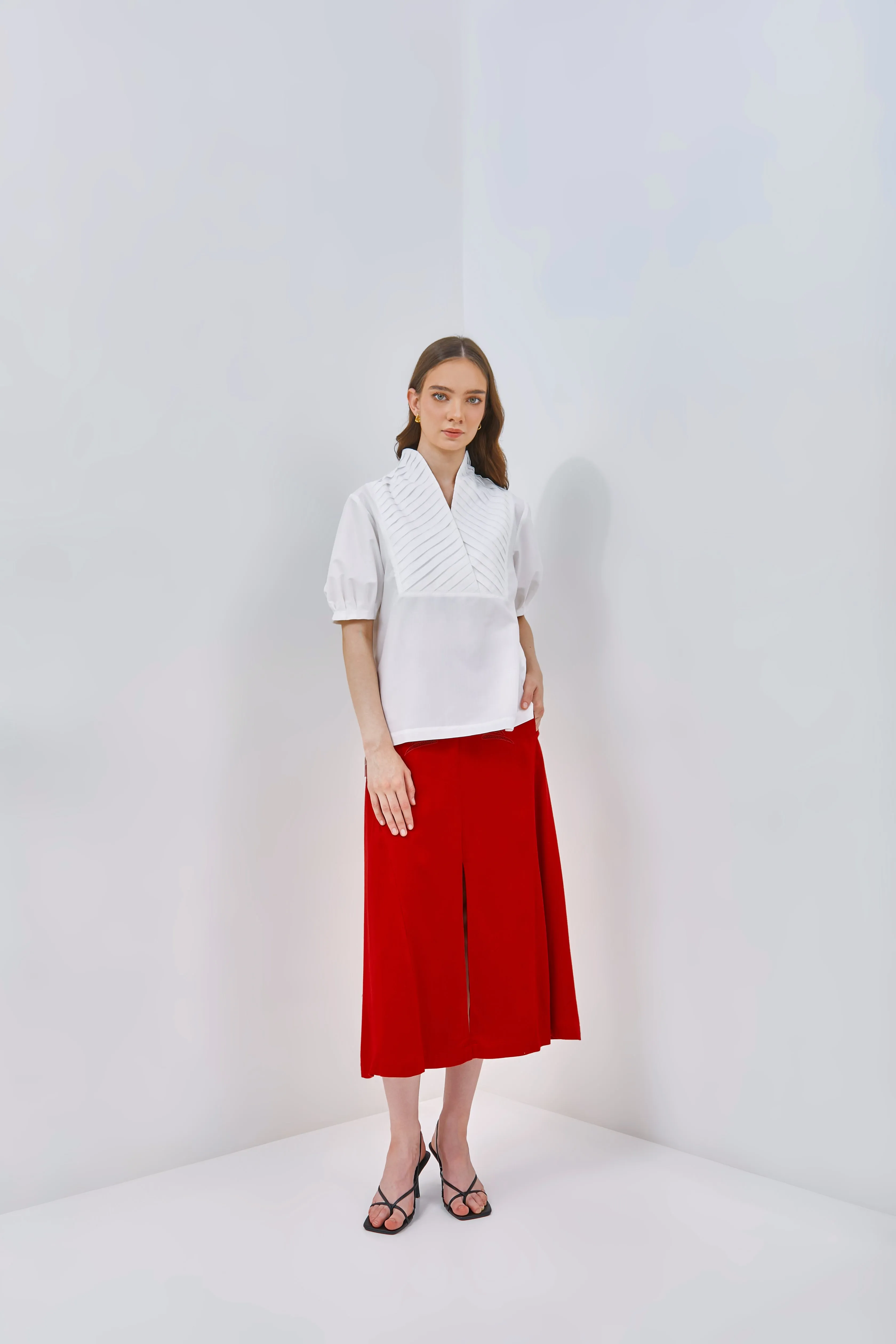 Pleated Top With High Collar