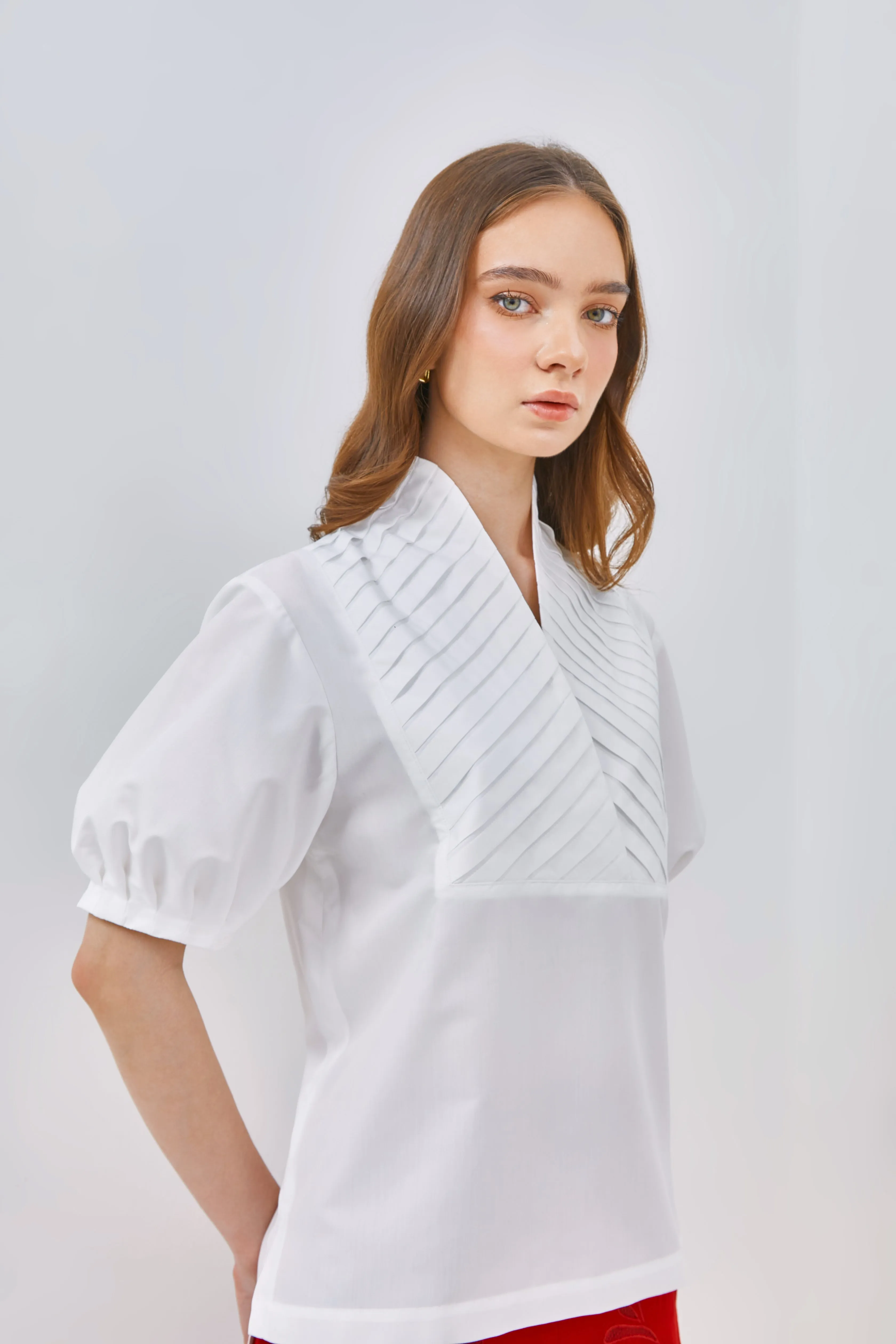 Pleated Top With High Collar