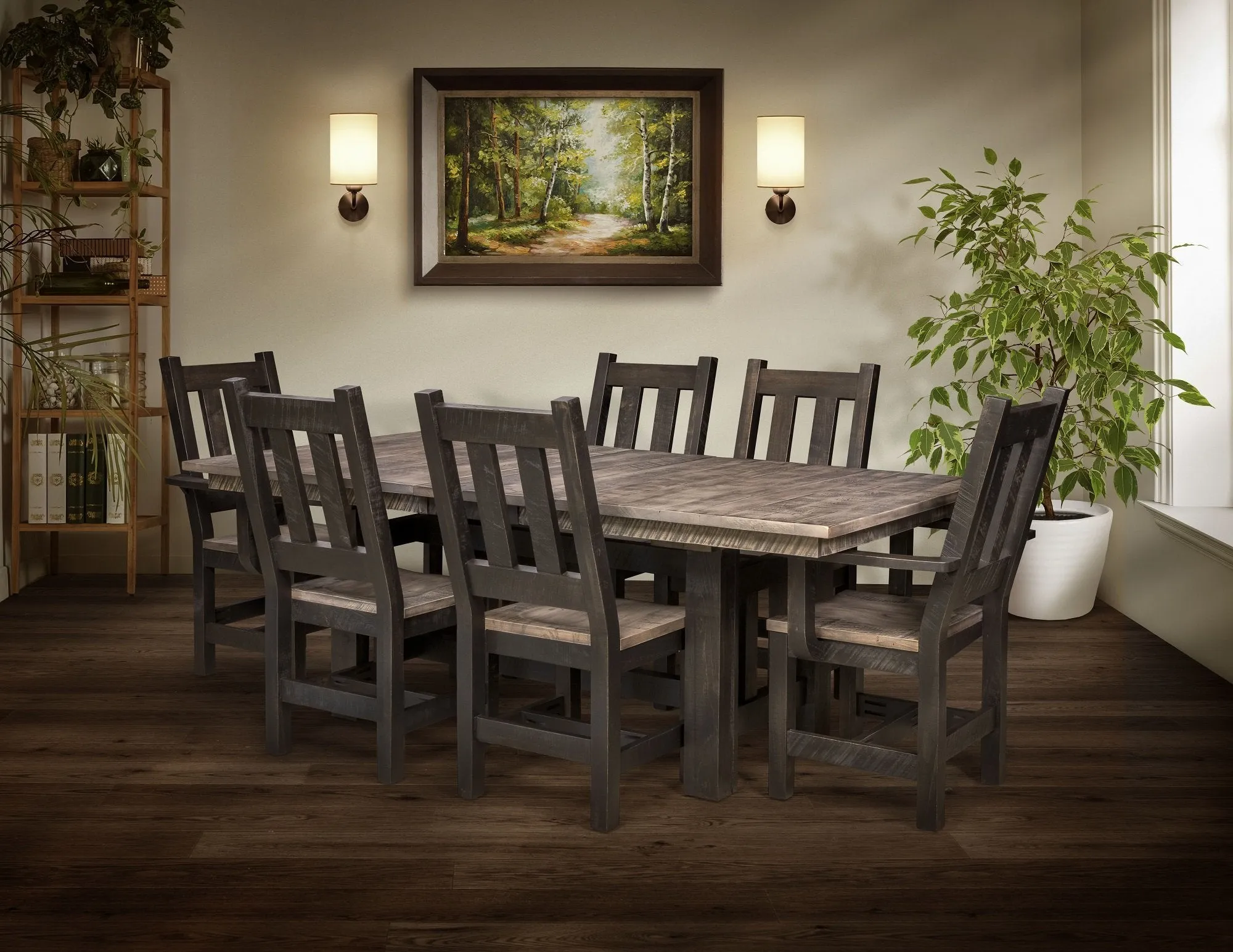 Quick-Ship / Amish Rough-Cut Maple Wood Trestle Extension Table (Ships in 3-4 Weeks)