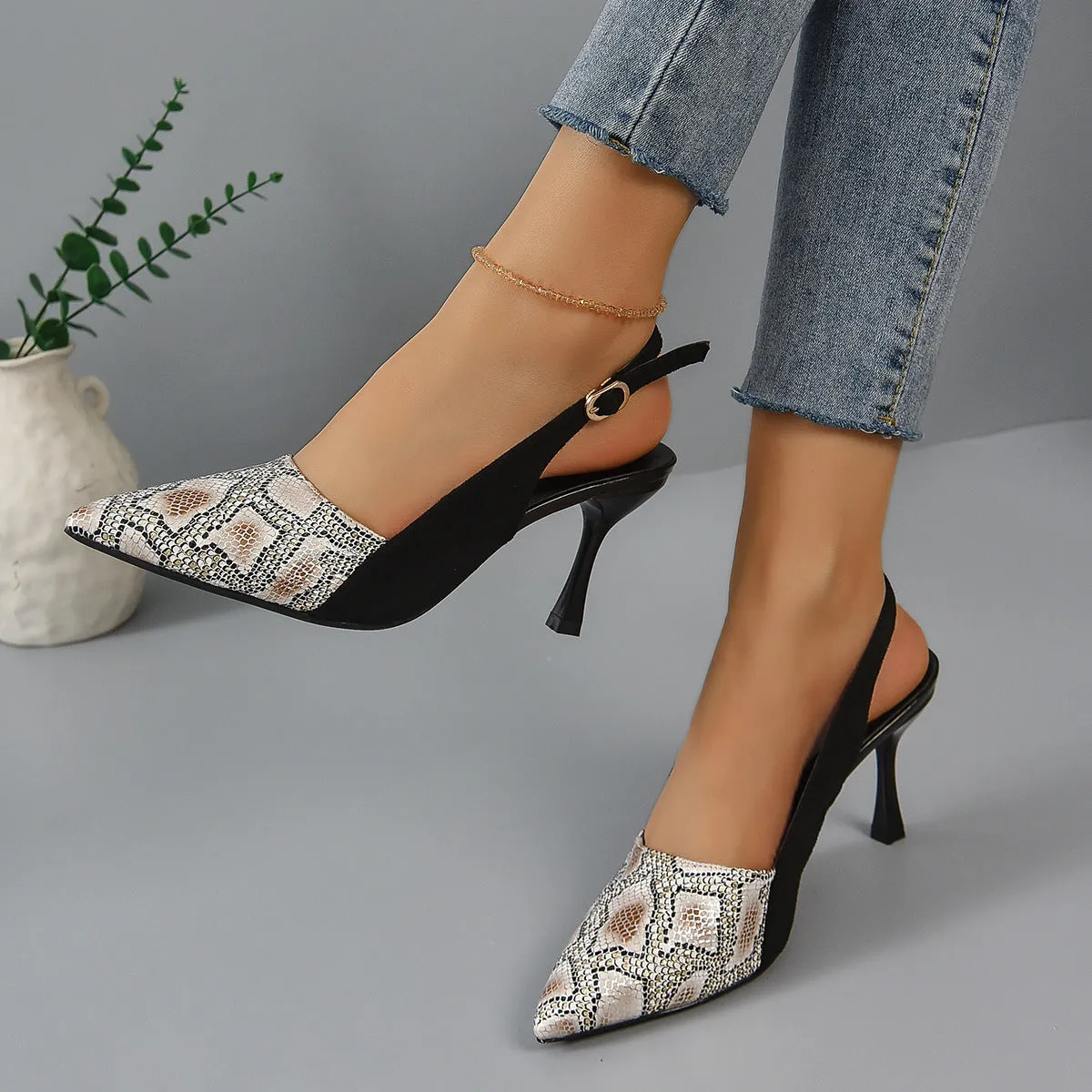 Snake Skin Pattern Face High-heeled Fashion Sandals Female