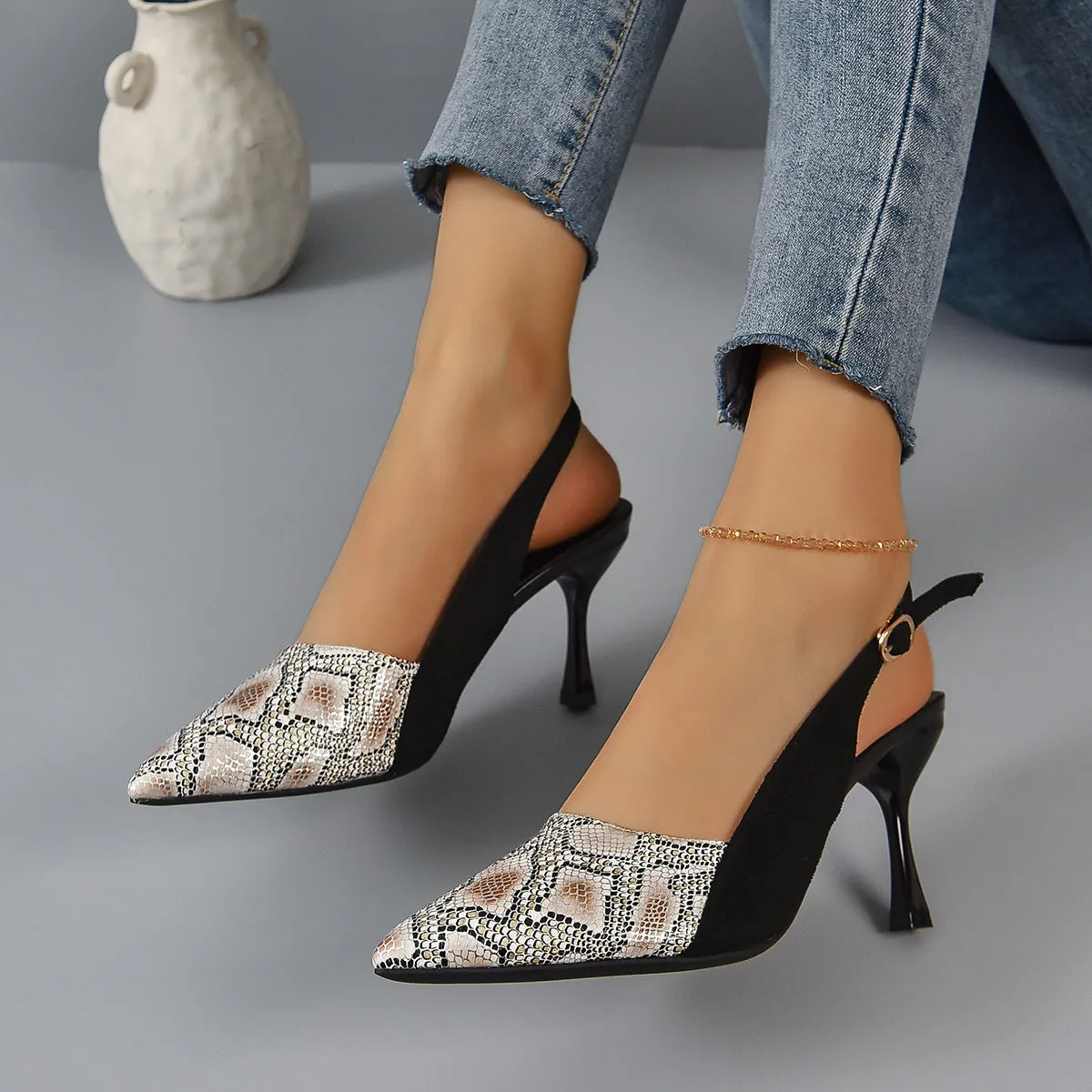 Snake Skin Pattern Face High-heeled Fashion Sandals Female